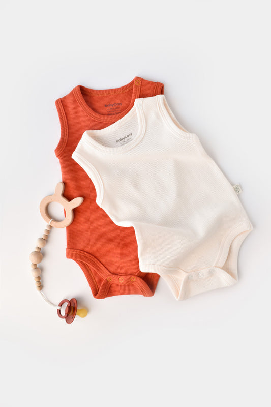 Set 2 body-uri fara maneci bebe unisex -100% bumbac organic -Scortisoara/Ecru, Baby Cosy