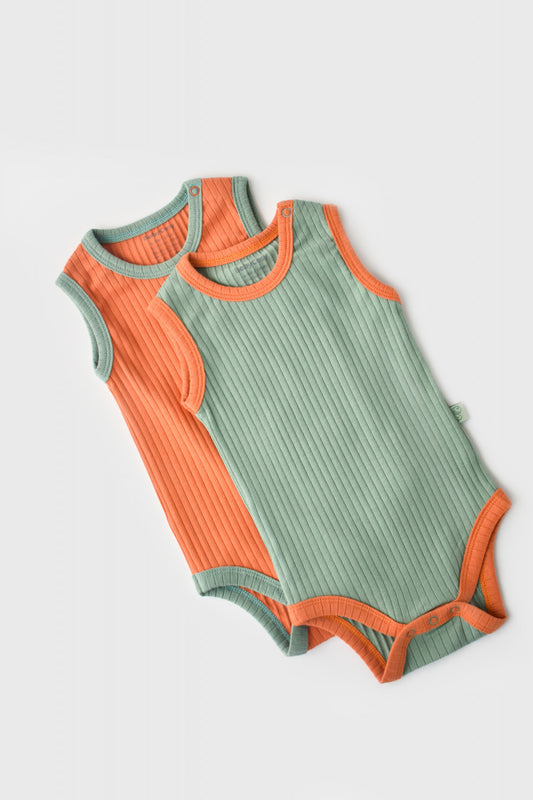 Set 2 body-uri fara maneci Ribana Bebe Unisex din bumbac organic si 5%elastan - Portocaliu/Verde