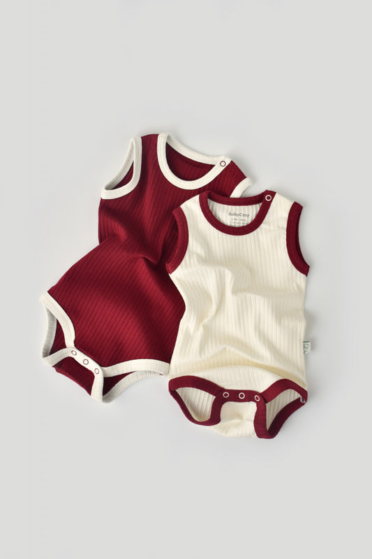 Set 2 body-uri fara maneci Ribana Bebe Unisex din bumbac organic si 5%elastan - Ecru/Bordo