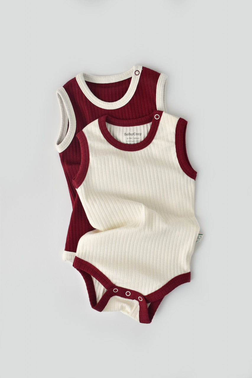 Set 2 body-uri fara maneci Ribana Bebe Unisex din bumbac organic si 5%elastan - Ecru/Bordo