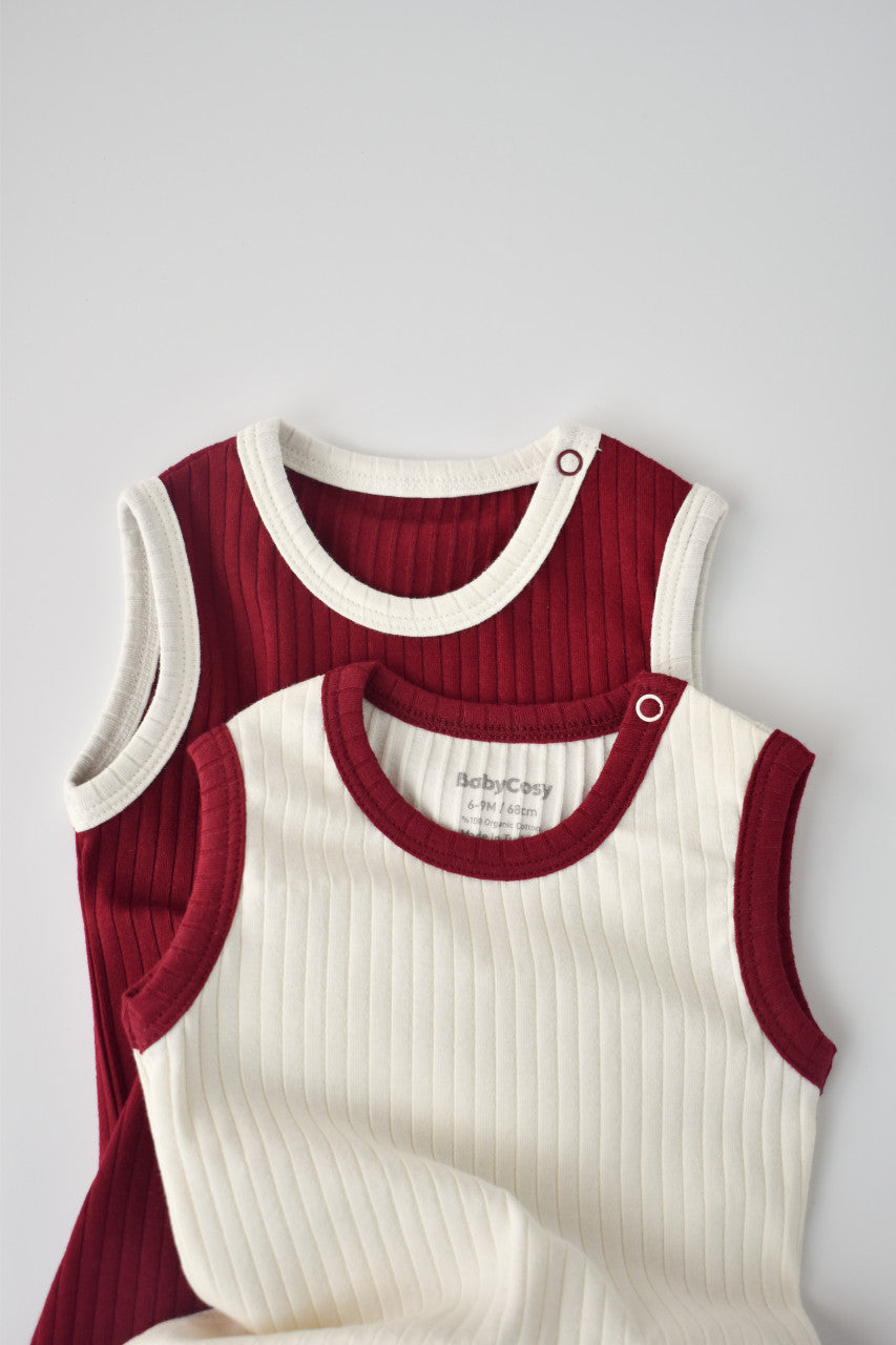 Set 2 body-uri fara maneci Ribana Bebe Unisex din bumbac organic si 5%elastan - Ecru/Bordo