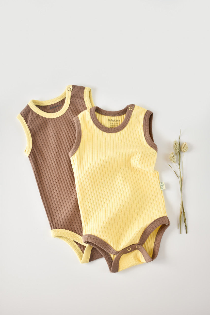 Set 2 body-uri fara maneci Ribana Bebe Unisex din bumbac organic si 5%elastan - Vanilie/Maro