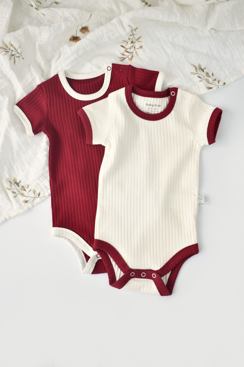 Set 2 body-uri Ribana Bebe Unisex din bumbac organic si 5%elastan - Ecru/Bordo, Baby Cosy