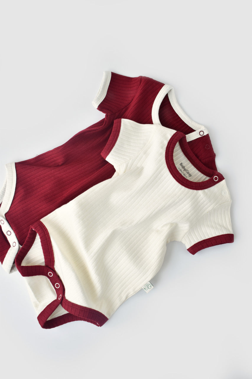 Set 2 body-uri Ribana Bebe Unisex din bumbac organic si 5%elastan - Ecru/Bordo, Baby Cosy