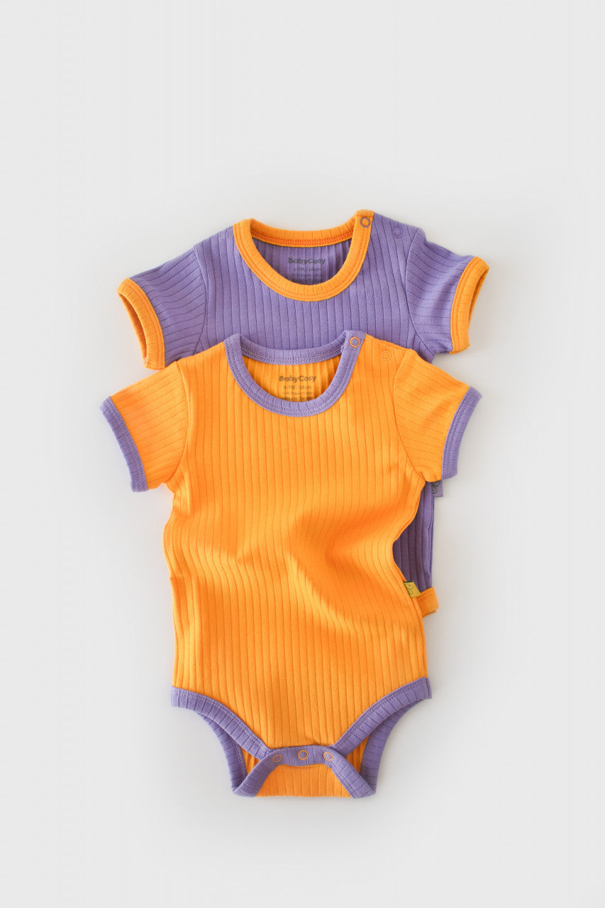 Set 2 body-uri Ribana Bebe Unisex din bumbac organic si 5%elastan - Galben/Mov