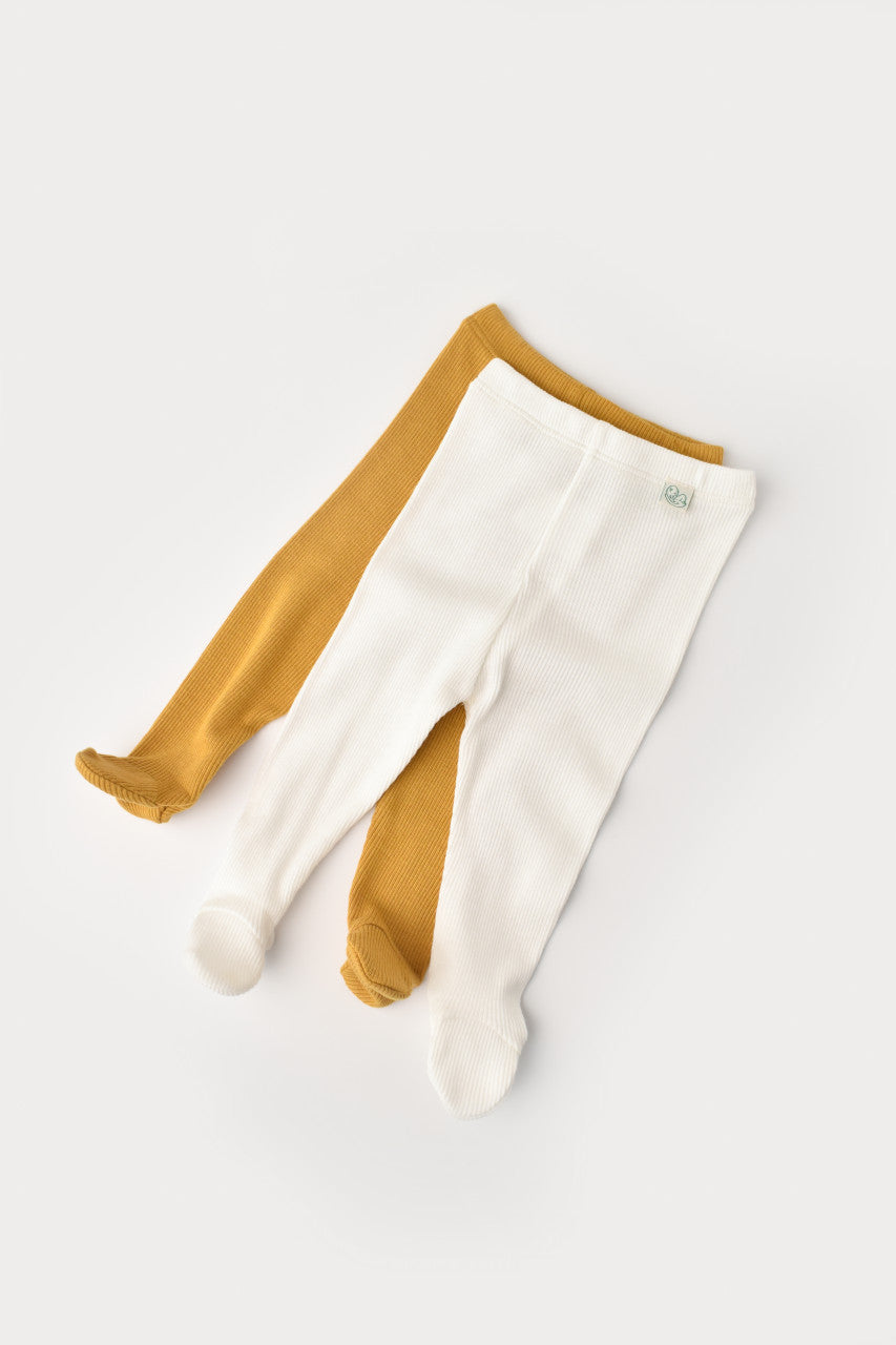 Set 2 pantaloni cu botosei bebe unisex din bumbac organic si modal - Mustar/Ecru, Baby Cosy