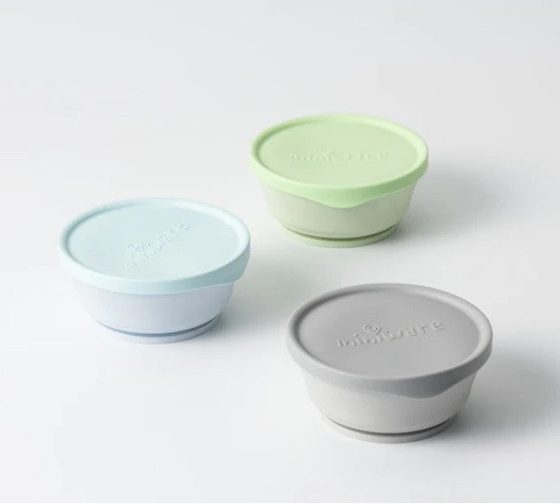 Set 3 boluri cu capac hrana bebelusi Miniware, 100% din materiale naturale biodegradabile, Aqua+Grey+Keylime