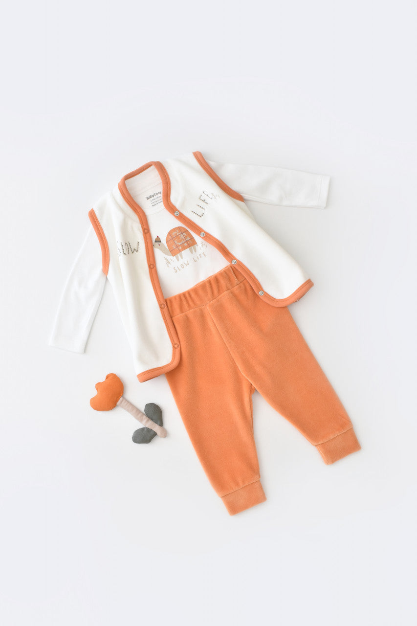 Set 3 piese Broscuta cu body, pantalonasi si vestuta din 80%bumbac organic si 20% poliester - Portocaliu, Baby Cosy