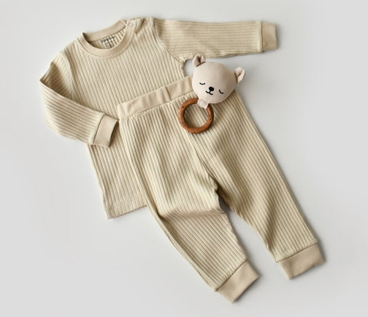 Set bluzita cu maneca lunga si panataloni lungi din bumbac organic si 5% elastan - Crem, Baby Cosy