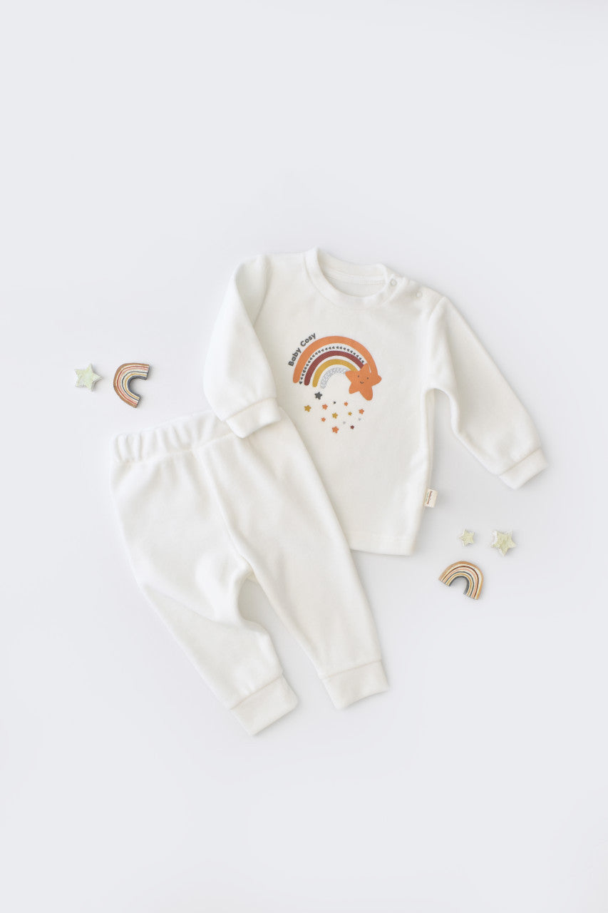 Set Curcubeu cu bluzita cu maneca lunga si panataloni lungi din 80%bumbac organic si 20% poliester - Ecru, Baby Cosy