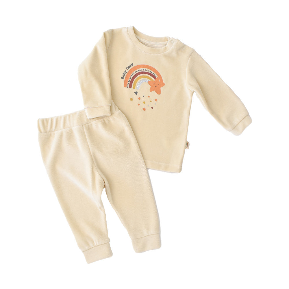 Set Curcubeu cu bluzita cu maneca lunga si panataloni lungi din 80%bumbac organic si 20% poliester - Crem, Baby Cosy