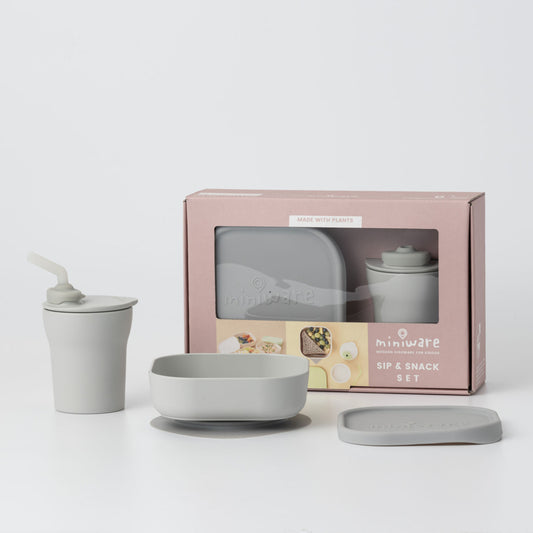 Set diversificare hrana bebelusi Miniware Sip&Snack, 100% din materiale naturale biodegradabile, 3 piese, Grey