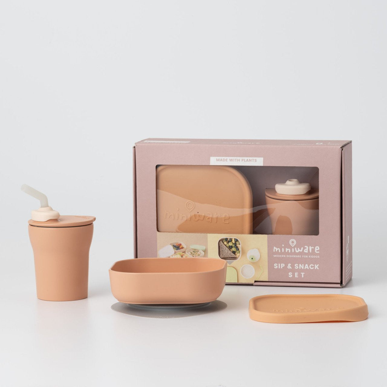 Set diversificare hrana bebelusi Miniware Sip&Snack, 100% din materiale naturale biodegradabile, 3 piese, Toffee